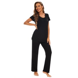 Smallshow Women's Maternity Nursing Pajamas Short Sleeve Postpartum Clothes Small,Black