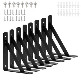 8 Pack L 6" x H 4" Heavy Duty Shelf Brackets with Screws, Black Metal, Wall Mount, 8 Count