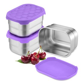 E-far Stainless Steel Snack Containers for Kids and Toddlers, 8oz Small Food Storage Container with Leak-proof Silicone Lid, Metal Child Lunch Box for School Daycare Picnic, 3 Packs, Purple