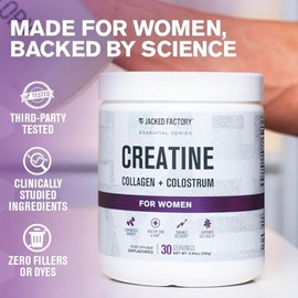 Jacked Factory Creatina para mujer – Monohidrato de creatina con colágeno + calostro para apoyar el rendimiento del entrenamiento, crecimiento muscula