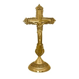 Genieland 9 Inch Antique Brass Jesus Crucifix For Catholic Church Alter. Gold Finished Chapel Standing Ornate Tabletop Cross For Office and Home Decor Housewarming Return Gift Item Bulk