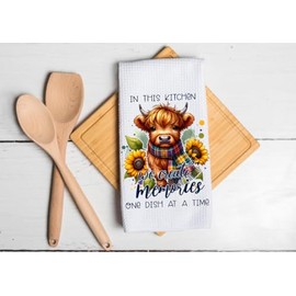 In This Kitchen We Create Memories, One Dish At A Time- Highland Cow - Microfiber White Waffle Weave Towel. 16 x 24 in. Absorbent, No Lint, Thick, Reusable, Commercial, Soft, Hand