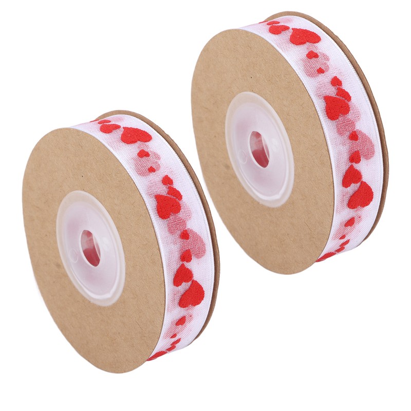 2pcs Red Ribbon 1.5cm/0.6in Wide Heart Pattern Packaging Ribbons DIY
