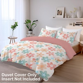 ARIGHTEX Pink Bedding Duvet Cover Sets Flowers Printed Pattern, Pink Green on White, 3 Piece, Twin Size Duvet Cover Sets for Kids Girls