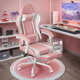 Shahoo Gaming Chair with Footrest and Massage Lumbar Support, Video Racing Seat Height Adjustable with 360°Swivel and Headrest for Office or Bedroom, Pink