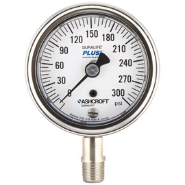 Ashcroft Duralife Type 1009SW Stainless Steel Pressure Gauge, 1/4" NPT Lower Connection with Plus Performance, 2.5" Dial Size, 0/300 psi Range
