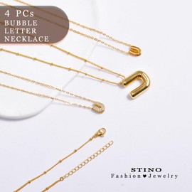 Stino - Initial Letter Necklace Set, 4 Pieces Gold Plated Bubble Alphabet Charm Untarnished Chain Jewelry for Women, Estándar, Brass, No Gemstone