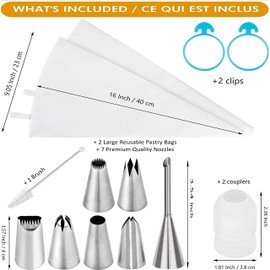 Icing Bags Set of 2 Premium I 7 Large Piping Nozzles - Cotton Piping Bag 40 cm - Reusable Piping Bag with Nozzles with Stainless Steel Piping Nozzles - Sustainable - Professional Attachments for