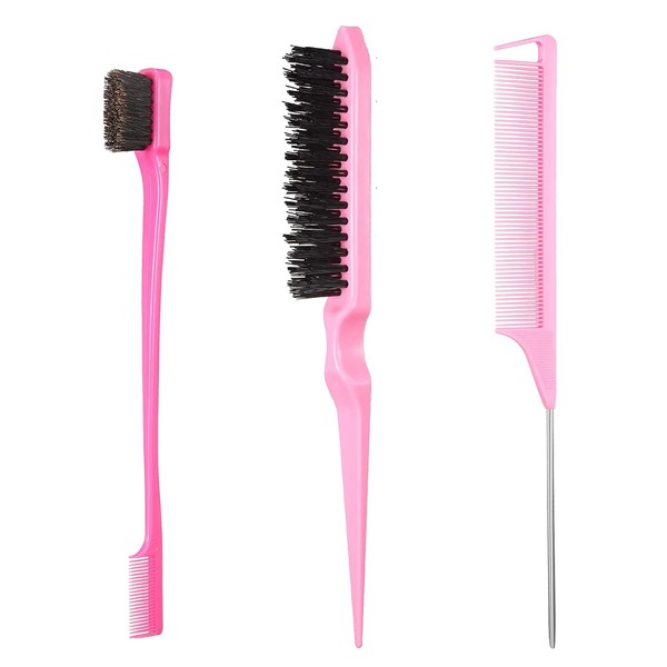 Kireida® 3 Piece Hair Brush Set, Includes Comb with Hook, Styling Comb and Double-Sided Eyebrow Brush for Straightening Hair and Flying Hair, for the Perfect Look (Pink)