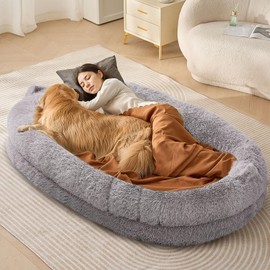 VEVOR Human Dog Bed, 72"x48"x10" Giant Human Dog Bed for Adult, Human Size Dog Bed with Washable PV Velvet Cover, Egg Orthopedic Foam, Storage Pocket, Large Dog Bean Bed for You and Pet, Light Grey