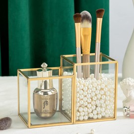 HARLIANGXY Make up brush holder, gold, cosmetic brush holder, make-up organiser, cosmetic organiser, glass cosmetic brush container with copper edge, make-up brush storage, cosmetic storage