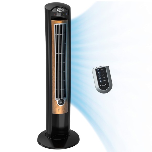 Lasko Oscillating Tower Fan, Remote Control, Ionizer, 3 Speeds, Timer, for Bedroom, Office, Kitchen 42", Black, T42950