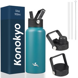 Konokyo 32 oz Insulated Water Bottle Stainless Steel Sport Bottles with 3 Lids,Light Blue