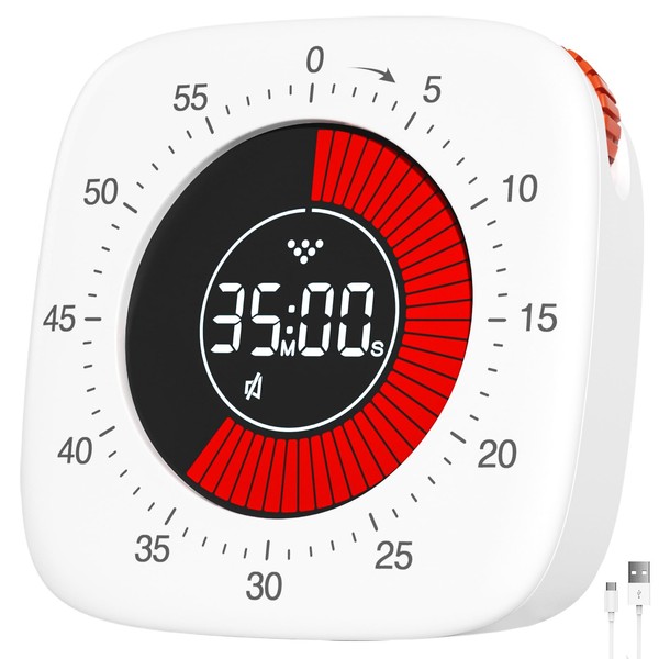 Visual Timer Rechargeable Timer Digital Time Timer with 4 Alarm Modes, Improved 60 Minute Count-Up Timer and Countdown Timer for Children Learning Adult Work Kitchen Cooking (White)