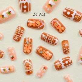 24 PCS Press on Nails Christmas Fake Nails Gingerbread Man Fake Nails Snowflake Fake Nails Medium Fake Nails Gifts for Women and Girls (No.107)