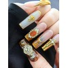 Long Square Coffin Acrylic Fake Nails with Gold Flower，3D Handmade