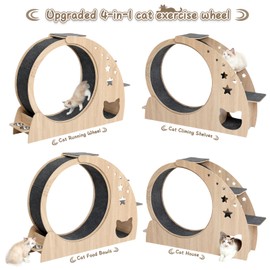Cat Wheel,4-in-1 Cat Exercise Wheels for Indoor Cats,41.3”H Large Quiet Treadmill Running Wheels for Indoor Cats,Cute cat Furniture with Scratcher,Natural Wood,Pet Toys
