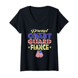 Womens Proud US Coast Guard Fiance US Flag Dog Tags Military Lover V-Neck T-Shirt