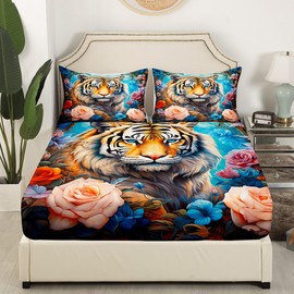 Tiger Bed Sheet Set King,Watercolor Jungle Animals Wildlife Soft Microfiber Sheet Set for Bedroom Decor,Dreamy Flowers Rose Jungle Plants Fitted Sheet + Flat Sheet + 2 Pillow Cases