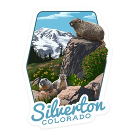 Die Cut Sticker Silverton, Colorado, Marmots, Contour Vinyl Sticker 3 to 6 inches, (Waterproof Decal for Cars, Water Bottles, Laptops, Coolers), Large
