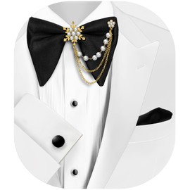 HAWSON Black Bow Ties Pocket Square Set with Cufflinks and Studs,Men's Adjustable Pre-Tied Silk Tuxedo Bow tie for Wedding.