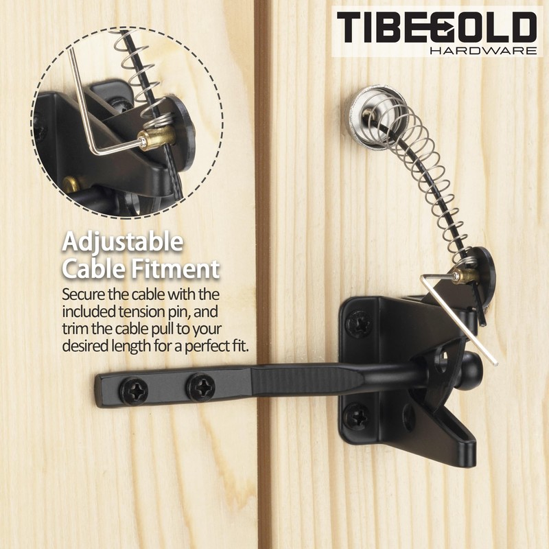 TIBEGOLD Self Locking Gate Latch with Spring Cable Pull, Black