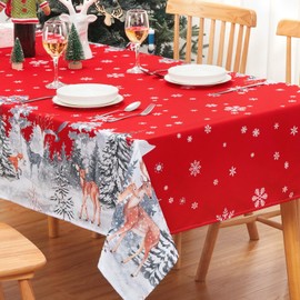 CAROMIO Christmas Table Cloth Waterproof Wipeable Tablecloth Wrinkle-Resistant Table Cover, Rectangular Xmars Table Cover with Deer Pattern Table Decoration for Party Kitchen Dining, 54x90 Inch, Red