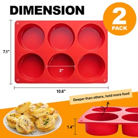 Silicone Egg Bite Molds, 2 Pack Frittata Pan, Deep 3 Inch Dash Cups, Sous Vide Round Rolls Molds for Breakfast Sandwiches, Omelets, Dinner Rolls, Baking - Red