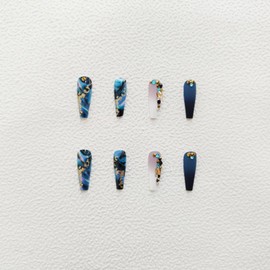 Blue Press on Nails Medium Fake Nails Press on Nails Coffin with Gold Foil & Rhinestone Design Glossy Glue on Nails Full Cover False Nails Acrylic Nails Stick on Nails for Women and Girls 24Pcs