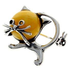 925 Sterling Silver & Genuine Lemon Baltic Amber Jewellery - Cat Brooch 4174L