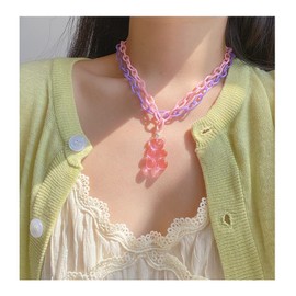 FORUBUS Lovely Gummy Bear Pendant Necklace Pink Acrylic Chunky Chain Cute Candy Color Bear Necklace for Women Jewelry Gift (C pink purple chain)