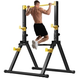 SogesHome Power Tower Dip Station Pull Up Bar for Home Gym, Adjustable & Foldable Multifunction Fitness Workout Station with Triangular Stability Design for Strength Training, Black Yellow