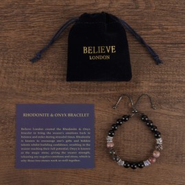 Believe London Onyx & Rhodonite Gemstone Bracelet Healing Bracelet Chakra Bracelet Anxiety Crystal Natural Stone Men Women Stress Relief Reiki Yoga Diffuser Semi Precious