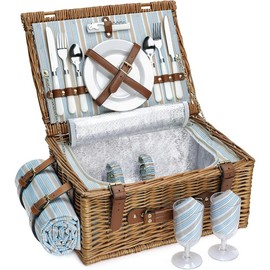 Picnic Basket Set for 2 Persons, Willow Hamper with Large Insulated Cooler Compartment, Waterproof Blanket and Cutlery Service Kit-Classical Brown - Colour: Dark Honey Color for 4 Persons