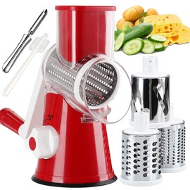 Maxceysen Rotary Cheese Grater with Handle Vegetable Shredder Round Kitchen Slicer Mandoline Grater for Vegetable, Nuts, Chocolate, Cheese, White, 3 Stainless Steel Blades