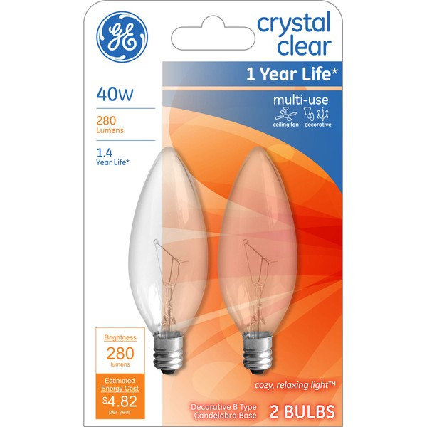 GE Lighting 12165 Light GE2PK40W CLR Blunt Bulb, 2 Count (Pack of 1), Clear