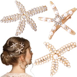 Hair Clips Starfish Girls Hair Accessories Women's Summer Hair Clip Beads Wedding Bridal Hair Pin with Pearls Rhinestone Metal Star Hair Clips for Birthday, Party, Wedding Party, Gift (Pack of 3)