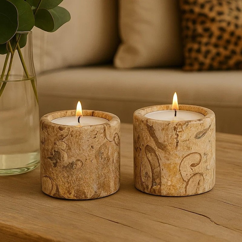 Set of 2 Fossilstone Marble Tea Light Holders – 2"