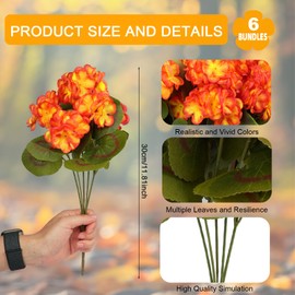 6 Bundles Geranium Artificial Fall Flowers Realistic,UV Resistant Fake Flowers Silk Flowers for Fall Decor Outdoor Indoor Table Centerpiece Kitchen Pot Porch Wedding Garden Cemetery