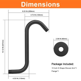 HarJue S Shaped Shower Arm, High Rise Shower Head Extension Pipe Standard 1/2" Connection with Flange, Awesome Shower Experience-Stainless Steel Bathroom Accessory(10 Inch S Shape, Matte Black)