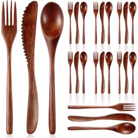 Geiserailie 24 Pcs Wooden Utensils for Eating Wooden Spoon Fork Knife Cutlery Set Kitchen Wood Dinner Flatware Tableware Set Includes Spoon, Fork, Knife (Phoebe Wood)