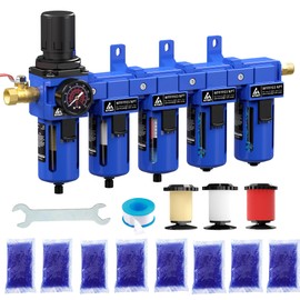 ATINY 3/8'' NPT 5 Stage Air Drying System,5 &0.5 &0.01 Micron Filter Cartridge,Double Desiccant Dryers & Air Regulator,Metal Bowl, Semi-Auto Drain,Industrial Grade-Blue