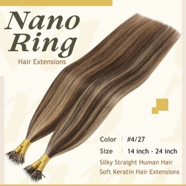 Sunny Hair Nano Bead Extensions Human Hair Dark Brown Highlight Caramel Blonde Nano Hair Extensions 22inch Nano Ring Extensions Real Remy Hair 50g
