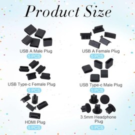 30 piezas de 6 tipos de silicona antipolvo cubierta USB tapas de enchufe USB tipo A enchufes USB tipo A con kit de cepillo de limpieza para USB tipo C, puerto de auriculares, HDMI, 30 unidades