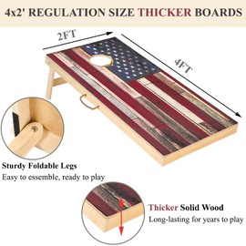 Shevvi Thicker Solid Wood Cornhole Boards 4' x 2' Regulation Size, Both Sides Printed Wood Grain, Premium Cornhole Outdoor Game Set, 8 Cornhole Bean Bags, Toss Games for Indoor Outdoor, Flag