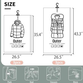 6Pack Hanging Vacuum Storage Bag Reusable Space Saver Compressed Bag with Hangers.3pcs in 26.3x35.4inch(67x90cm) and 3pcs in 26.3x43.3inch (67x110cm)