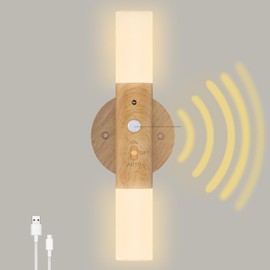 LED Motion Sensor Lights Rechargeable Wall Sconce Wireless Night Light Battery Operated Corner Lamp 360°Rotation Magnetic Wall Lamp for Hallway Bedroom Living Room Stairway Vanity(1PC,Light Wood)