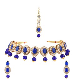 Efulgenz Indian Jewelry Set Choker Kundan Crystal Faux Pearl Necklace Earrings Maang Tikka Head Chain Bollywood Jewelry Wedding Bridal Set for Women.