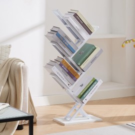 Ymesiyou 5 Tier Tree Bookshelf, Small Iron Corner Bookcase, Modern Book Shelf Storage Display Floor Standing Bookcase, Utility Organizer for CDs/Books/Home Office/Living/Bedroom Room- White