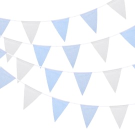 MECCANIXITY 33ft Blue White Plaid Checkered Pennant Banner, 36 PCS Triangle Flags Fabric Bunting Banner for Birthday Wedding Outdoor Garden Decor